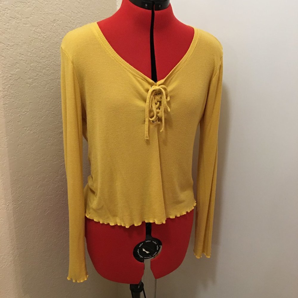 TOOK TO CONSIGNMENT STORE Hippie Rose Goldenrod Lace-Up Ribbed Top